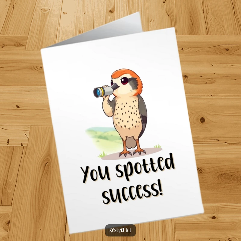 Funny Free Printable Congratulations Card: Kestrel with tiny binoculars curiously scans, spotting a success.