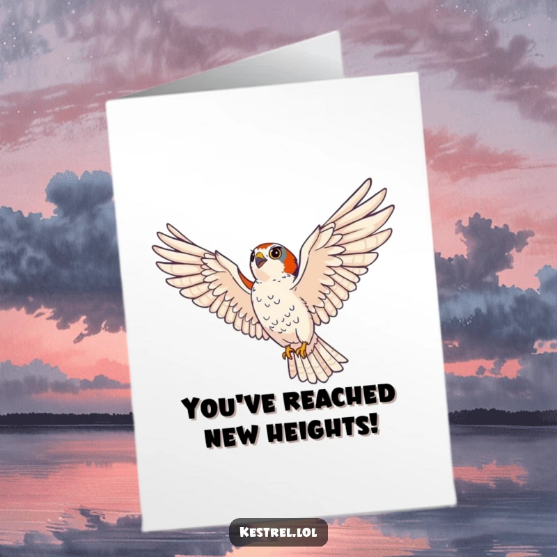 Funny Free Printable Congratulations Card showing a kestrel soaring majestically, eyes scanning intensely for future triumphs.
