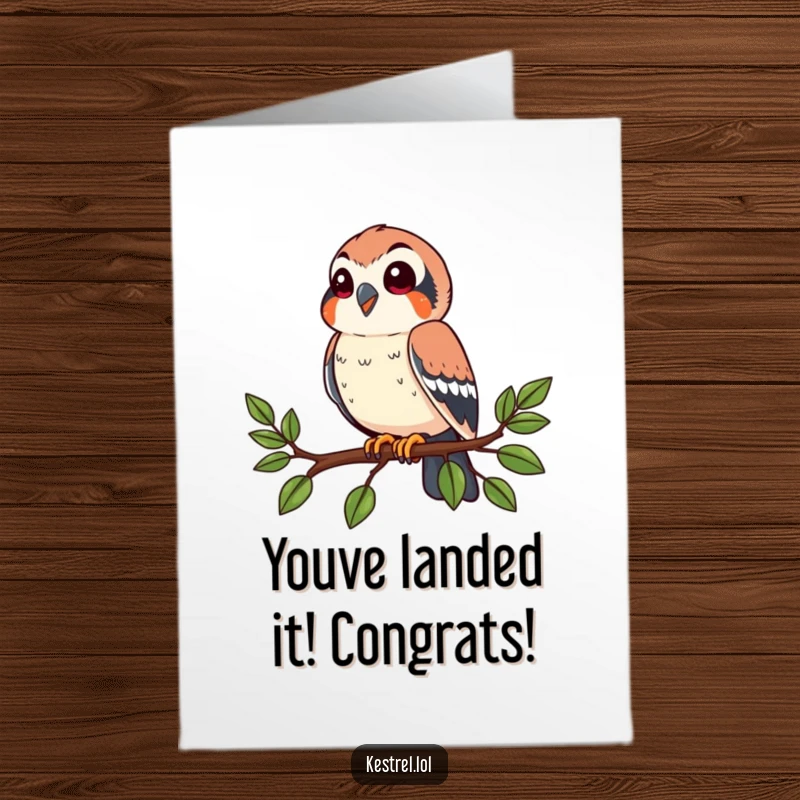 Free Printable Congratulations Card: A happy kestrel perched on a branch, looking around with a proud and observant demeanor.