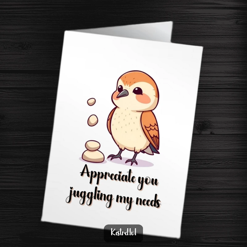 Funny Free Printable Juggling Kestrel Thank You Card: A kestrel comically juggles pebbles.