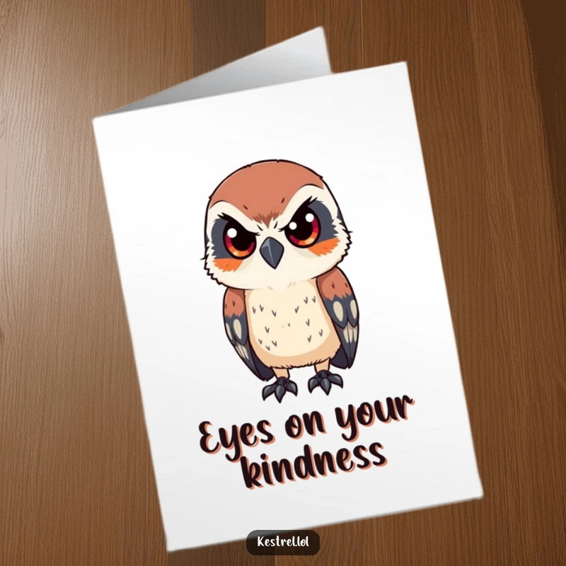 Funny Free Printable Thank You Card: A kestrel with intense, focused eyes, conveying a message of sharp appreciation.