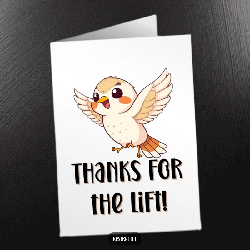 Funny Free Printable Thank You Card: A giggling kestrel character hovers energetically, sending airborne thanks.