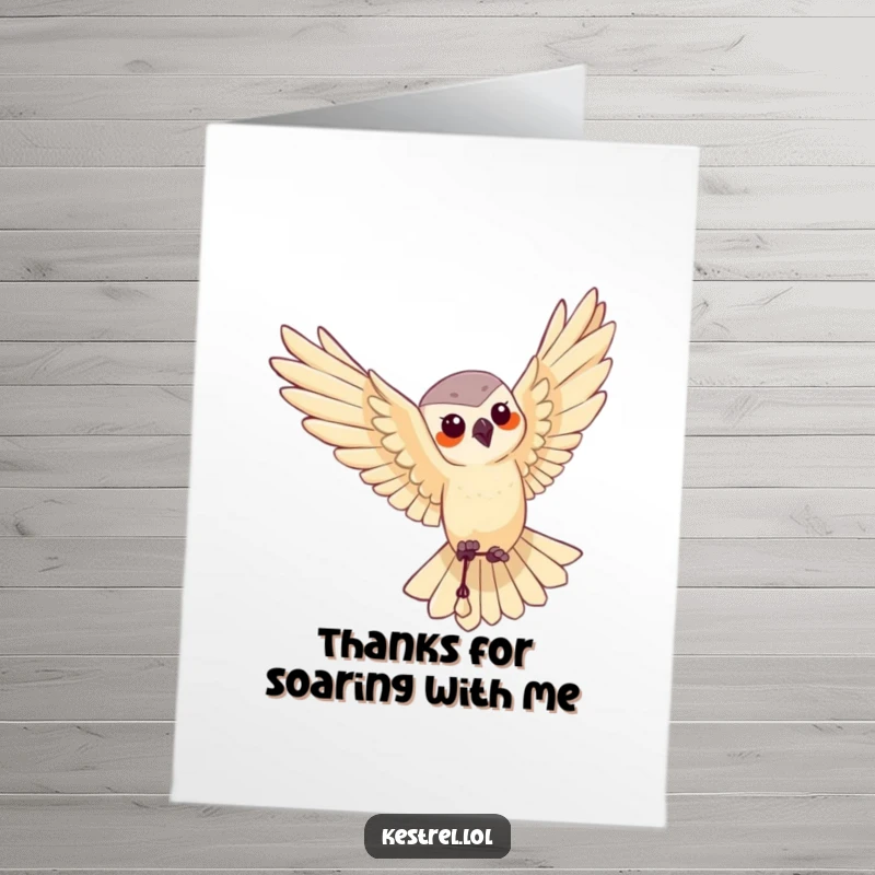 Funny Free Printable Thank You Card: Kestrel character performing a graceful aerial maneuver, expressing refined thanks.