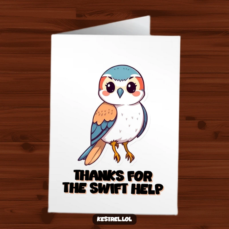 Funny Free Printable Kestrel Thank You Card showing a stylized bird in a swift downward swoop, delivering thanks with humor.