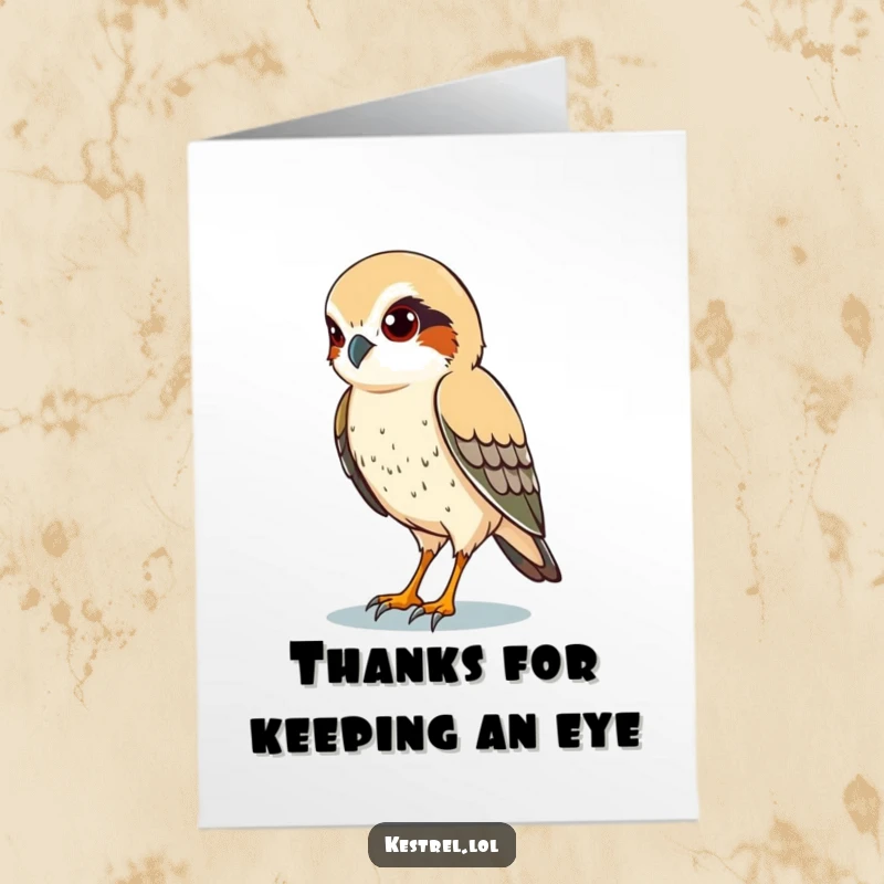 Funny Free Printable Thank You Card: Kestrel with sharp eyes scanning the ground, expressing keen thanks.
