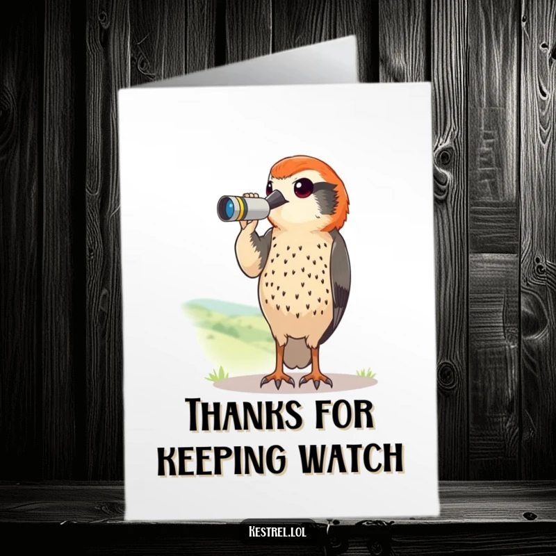 Funny Free Printable Thank You Card: Kestrel with tiny binoculars curiously scans, showing thoughtful thanks.