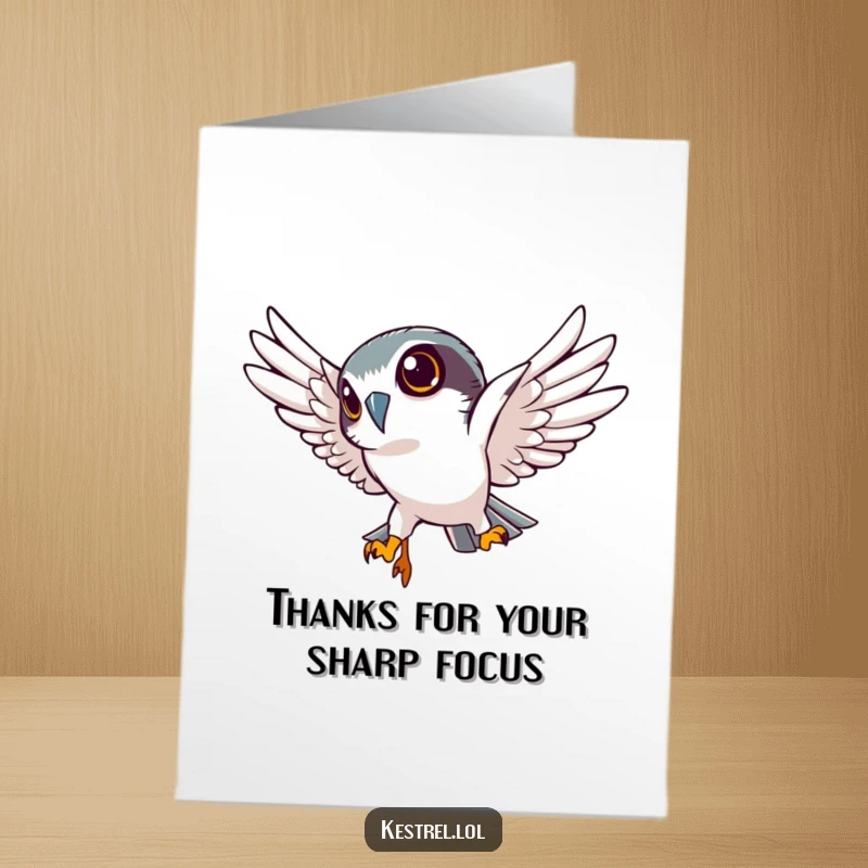 Funny Free Printable Thank You Card featuring a determined kestrel diving sharply, eyes focused, expressing thanks with purpose.