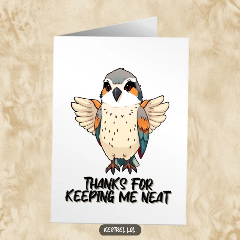 Funny Free Printable Kestrel Thank You Card: Kestrel preening with pride, sleek feathers gleaming, offering thanks with a sophisticated, humorous air.