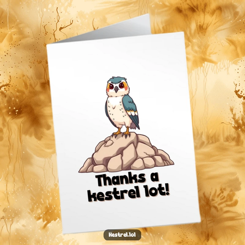 Funny Free Printable Thank You Card: Proud kestrel standing tall on a rocky outcrop, showing gratitude.