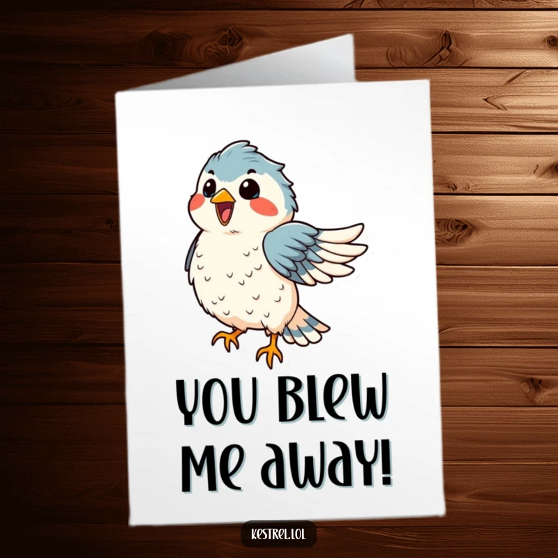 Funny Free Printable Thank You Card: delighted kestrel with ruffled feathers, dancing in the wind, expressing thanks cheerfully.
