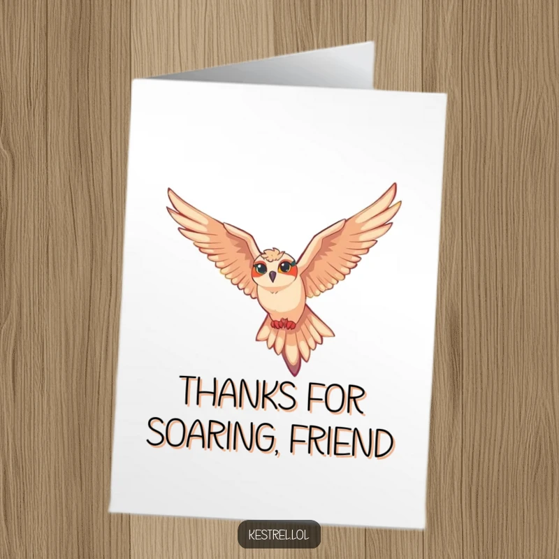Funny Free Printable Thank You Card: Kestrel character soaring gracefully, expressing heartfelt thanks with a humorous twist.
