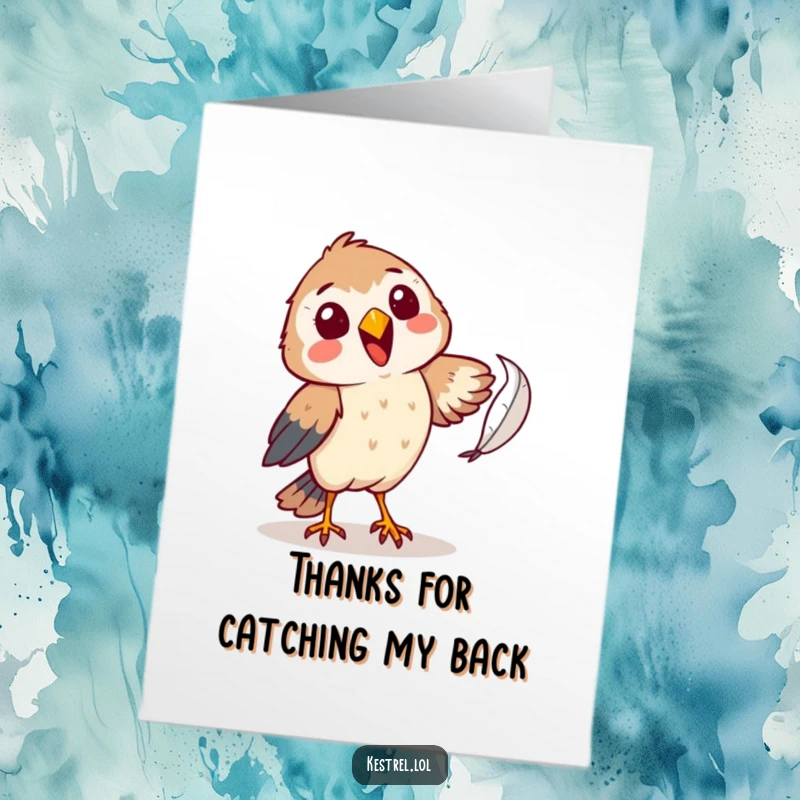 Funny Free Printable Thank You Card: A cheerful kestrel comically attempting to catch a falling feather, a fun thanks.