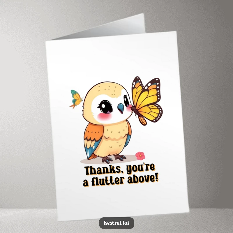 Funny Free Printable Thank You Card: A smiling kestrel pauses to admire a beautiful butterfly nearby.
