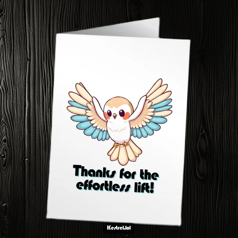 Funny Free Printable Thank You Card: A cute kestrel gliding with wings spread, carrying your thanks.