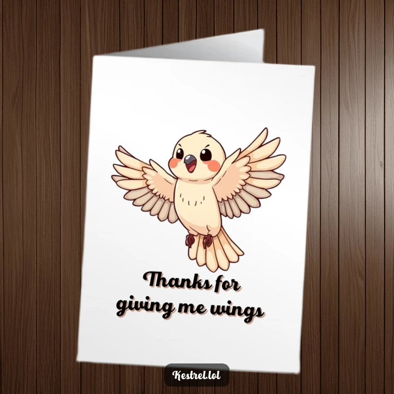 Funny Free Printable Thank You Card: Happy kestrel mid-flight, wings beating enthusiastically, thankful for your kindness.