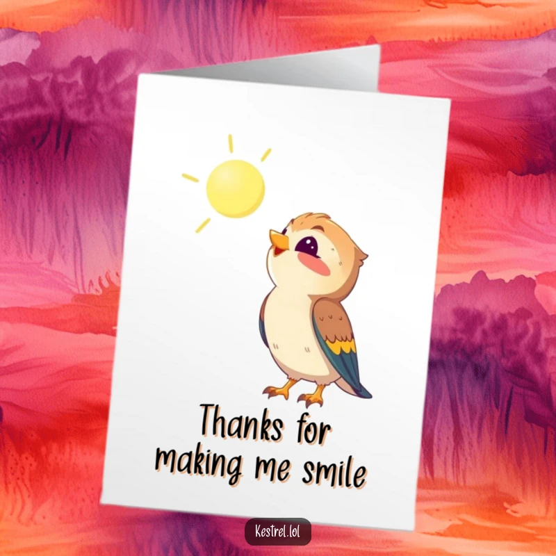 Funny Free Printable Thank You Card: Kestrel character looking up at the sun with delight, feeling grateful.