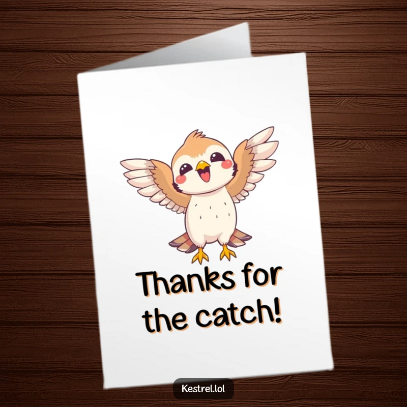 Funny Free Printable Thank You Card: A joyful kestrel celebrating a successful catch, wings spread wide in a thankful pose.