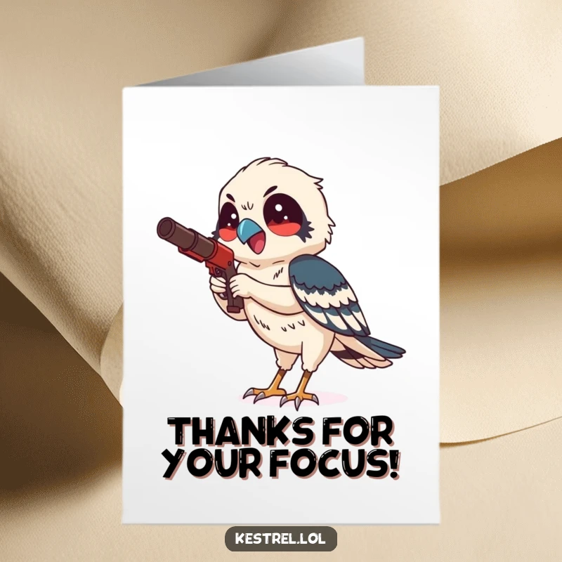 Funny Free Printable Thank You Card with a smiling kestrel character hunting with focused delight, perfect for expressing thanks.