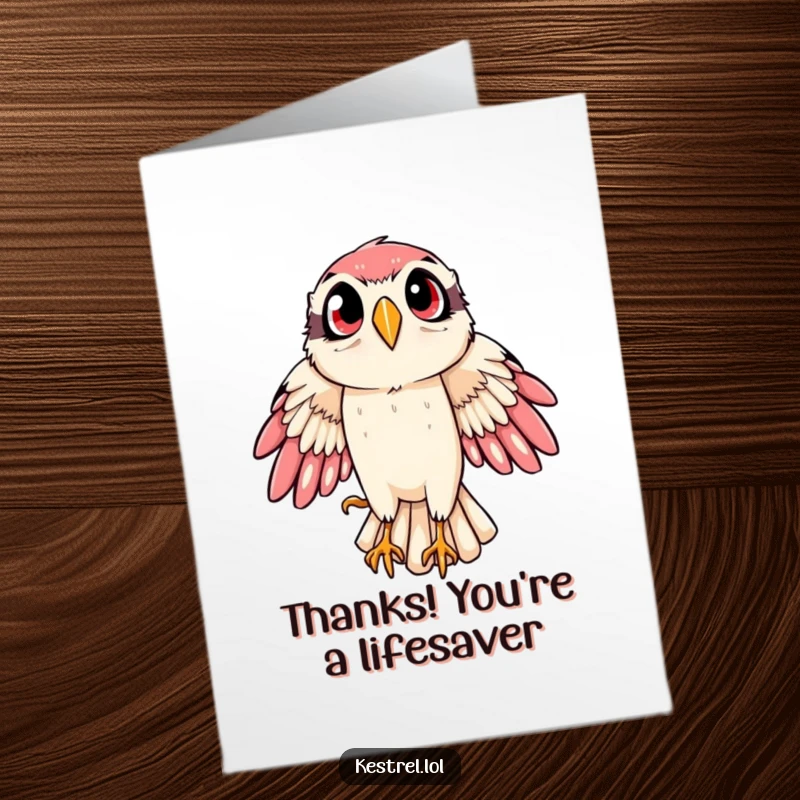 Funny Free Printable Kestrel Thank You Card: Kestrel swooping dramatically with wide eyes, conveying a huge thank you with energetic style.