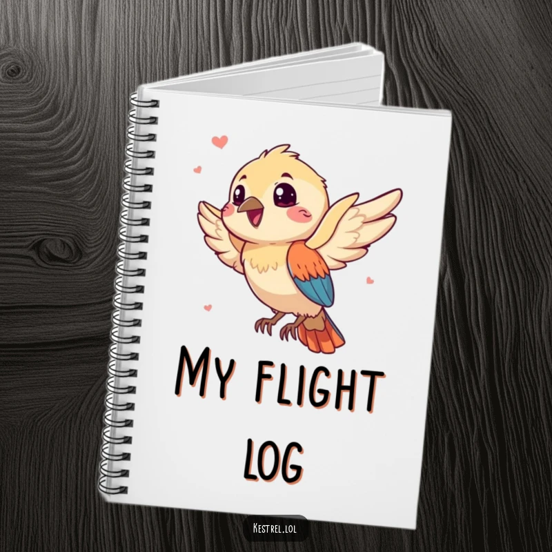 Funny kestrel notebook featuring a gleeful bird character riding a playful breeze, ideal for jotting down funny thoughts and ideas.