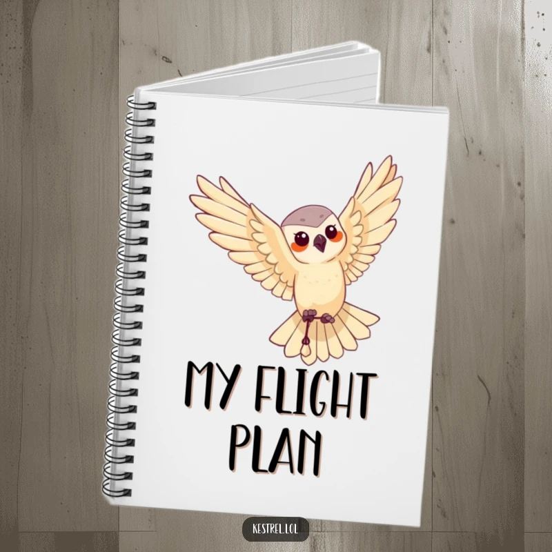 Funny notebook with a cover illustration of a kestrel character performing a graceful aerial maneuver.
