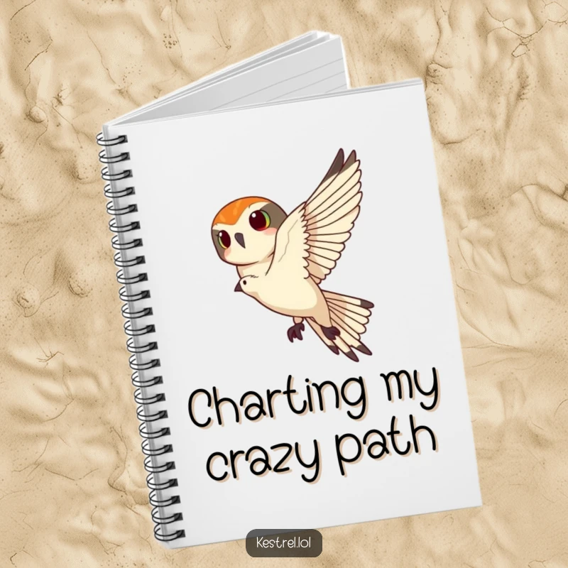 Funny kestrel notebook with a kestrel banking sharply, designed for note-taking and planning with a humorous avian edge.