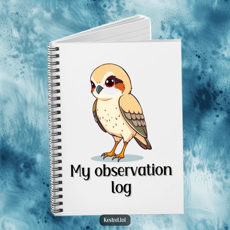 Funny notebook with a cover illustration of a kestrel character with sharp eyes, scanning the ground below.