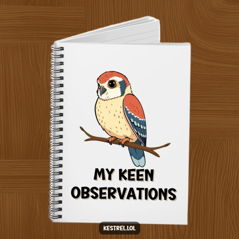 Funny kestrel notebook with a determined bird perched and looking intently, perfect for note-taking with humor.