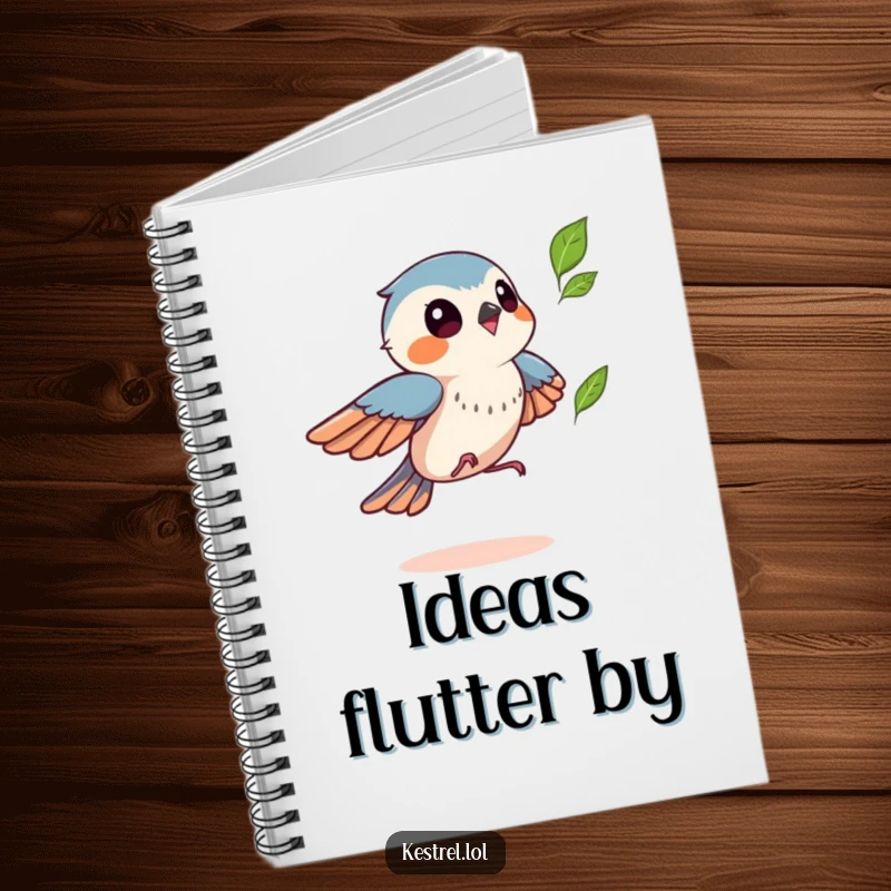 Funny kestrel notebook featuring a kestrel playfully chasing a leaf, perfect for capturing ideas with a humorous touch, a great gift.