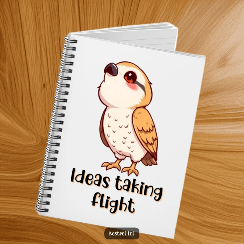 Funny kestrel notebook featuring a cute, stylized bird character looking upwards with curiosity, perfect for journaling and creative writing.