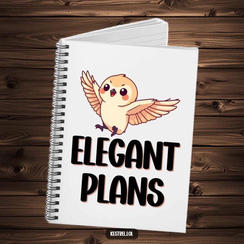 Funny kestrel notebook with a small kestrel character landing gracefully, ideal for elegant note-taking and journaling.