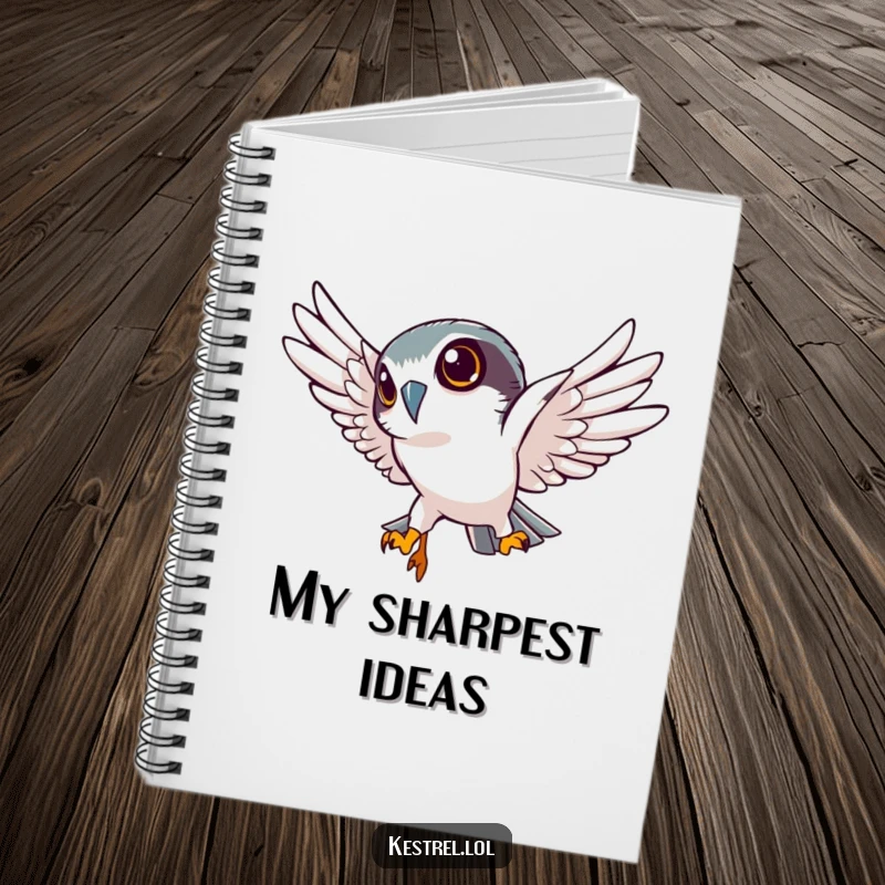 Funny kestrel notebook showcasing a determined kestrel character diving sharply downwards, ideal for jotting down focused ideas.