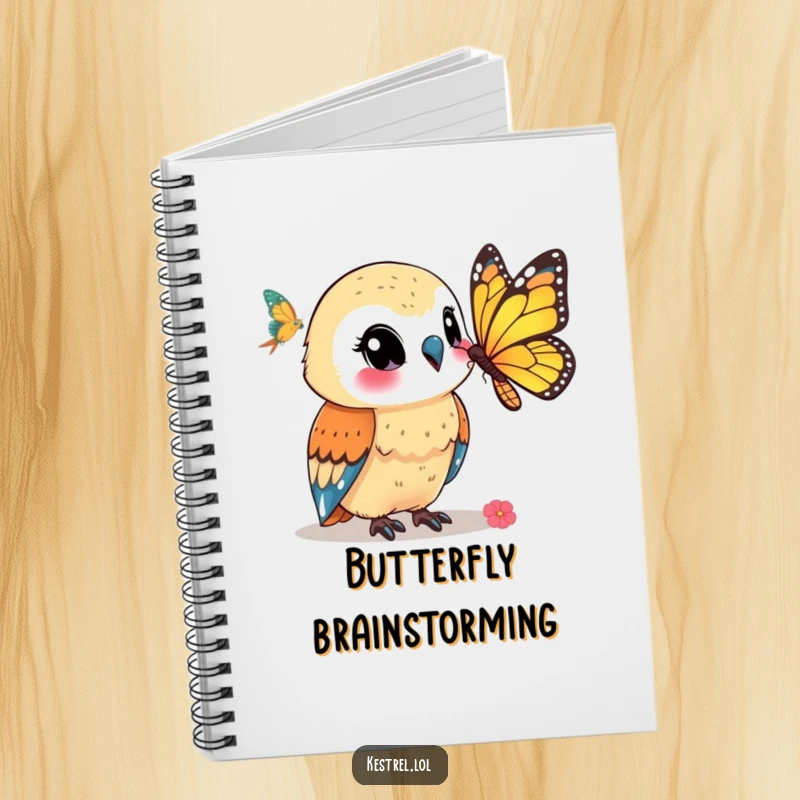 Funny kestrel notebook with a smiling kestrel character watching a butterfly, ideal for journaling peaceful thoughts and observations.