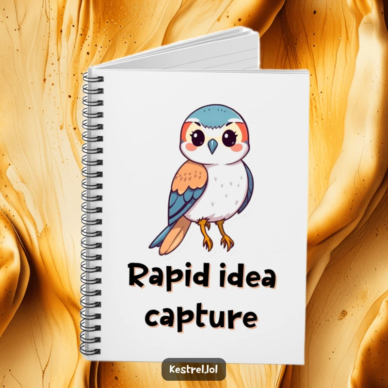 Funny kestrel notebook featuring a stylized bird of prey in a downward swoop, ideal for jotting down ideas with dynamic flair.
