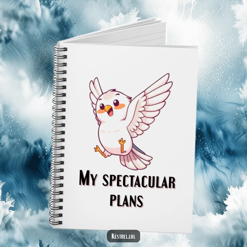 Funny kestrel notebook, joyful bird character performing an aerial trick, lined pages, humorous stationery.
