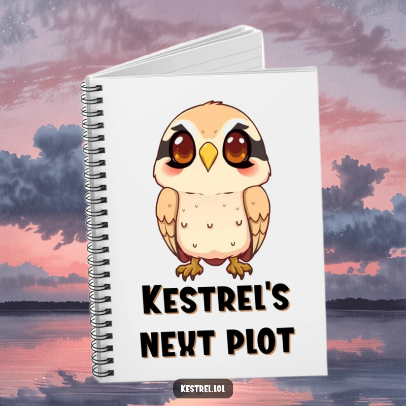 Funny kestrel notebook featuring a smiling character intently watching from above, perfect for jotting down keen observations and humorous ideas.