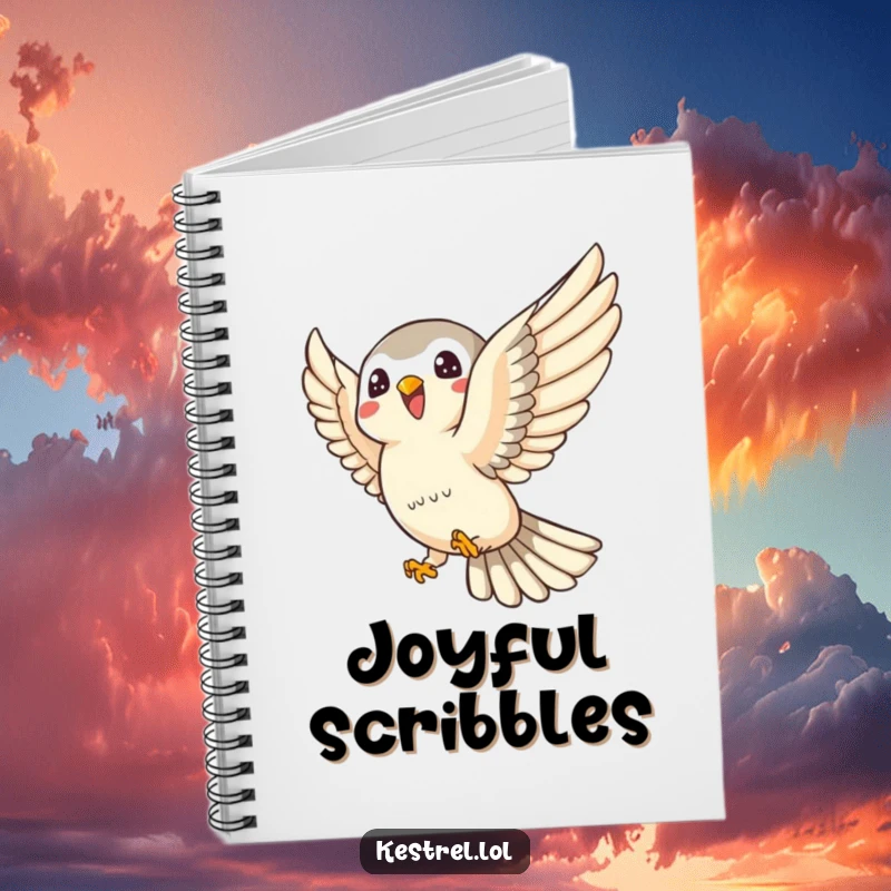 Funny kestrel notebook with a joyful kestrel character swooping playfully, ideal for capturing energetic thoughts and creative ideas.