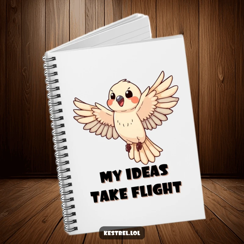 Funny happy kestrel notebook, depicting a bird in vigorous flight, ideal for note-taking and creative writing.