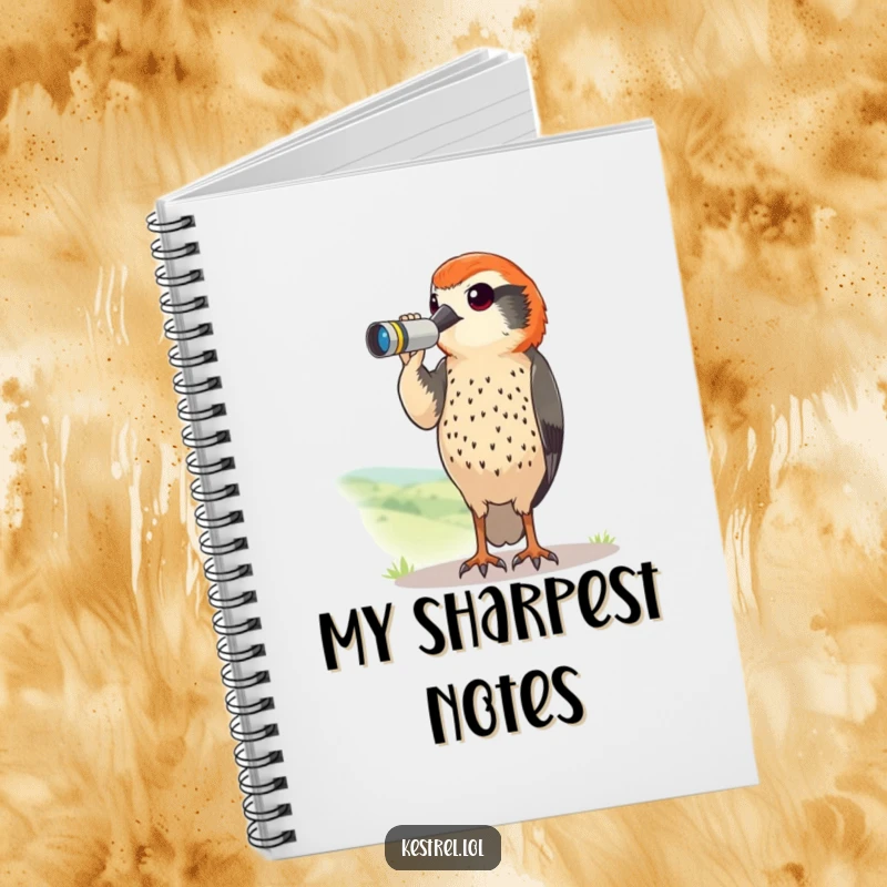 Funny kestrel notebook with a curious bird using tiny binoculars to scan a landscape. Perfect for humorous note-taking.