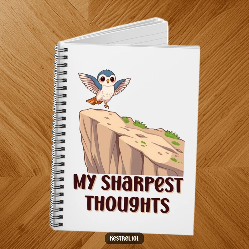 Funny focused kestrel notebook featuring a kestrel character's graceful landing on a cliff edge, suited for writing.