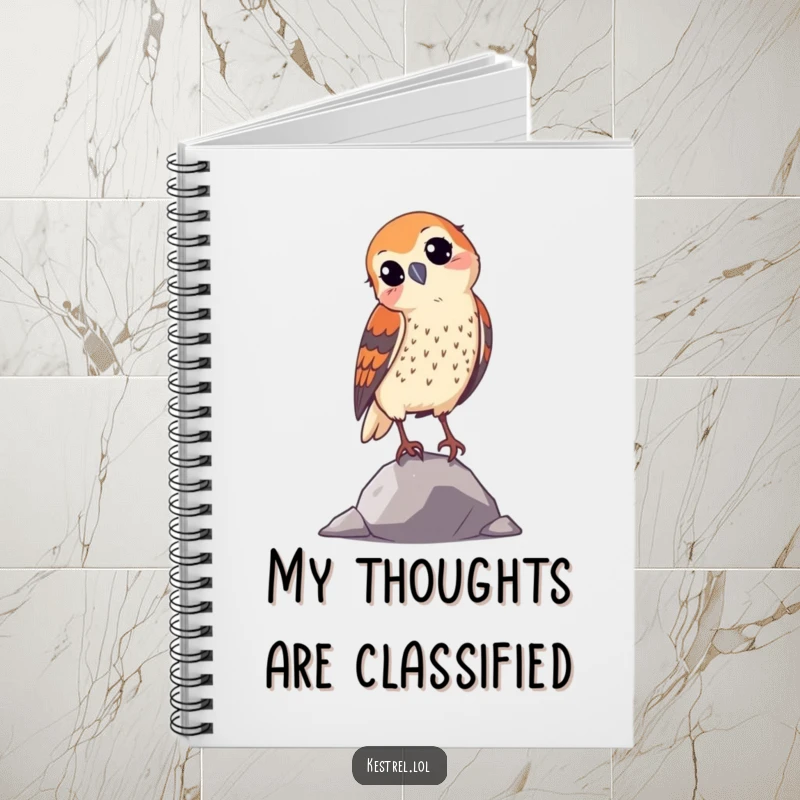 Funny curious kestrel notebook, depicting a bird tilting its head, great for jotting down thoughts and plans.