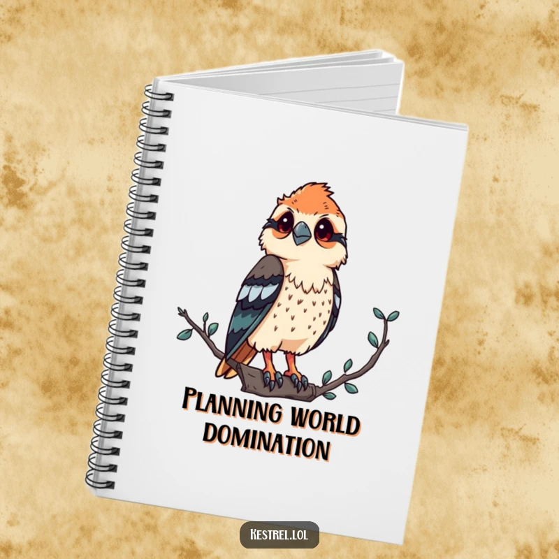 Funny kestrel notebook featuring a proud bird of prey character observing from a high vantage point, ideal for journaling and notes.