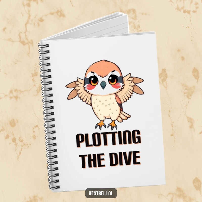Funny notebook with a kestrel character exhibiting a determined gaze, poised for a swift descent, perfect for strategic note-taking.