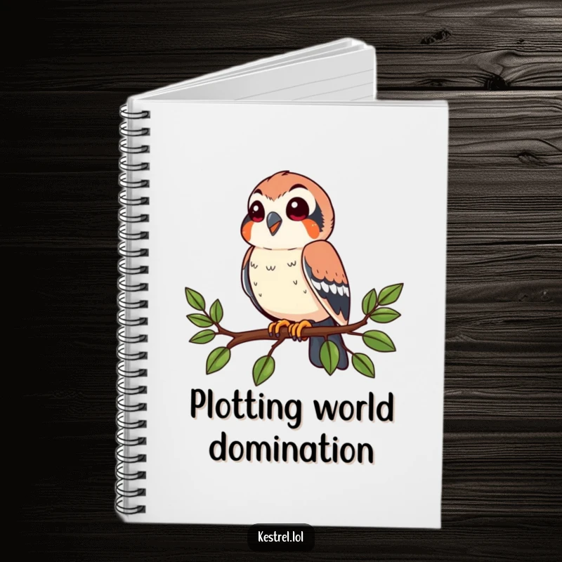 Funny kestrel notebook with a happy bird perched on a branch, looking around. Ideal for note-taking and observation.