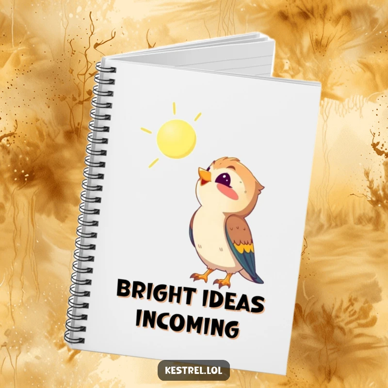 Funny kestrel notebook featuring a kestrel looking up at the sun with delight, perfect for notes and inspiration, a humorous bird-themed gift.