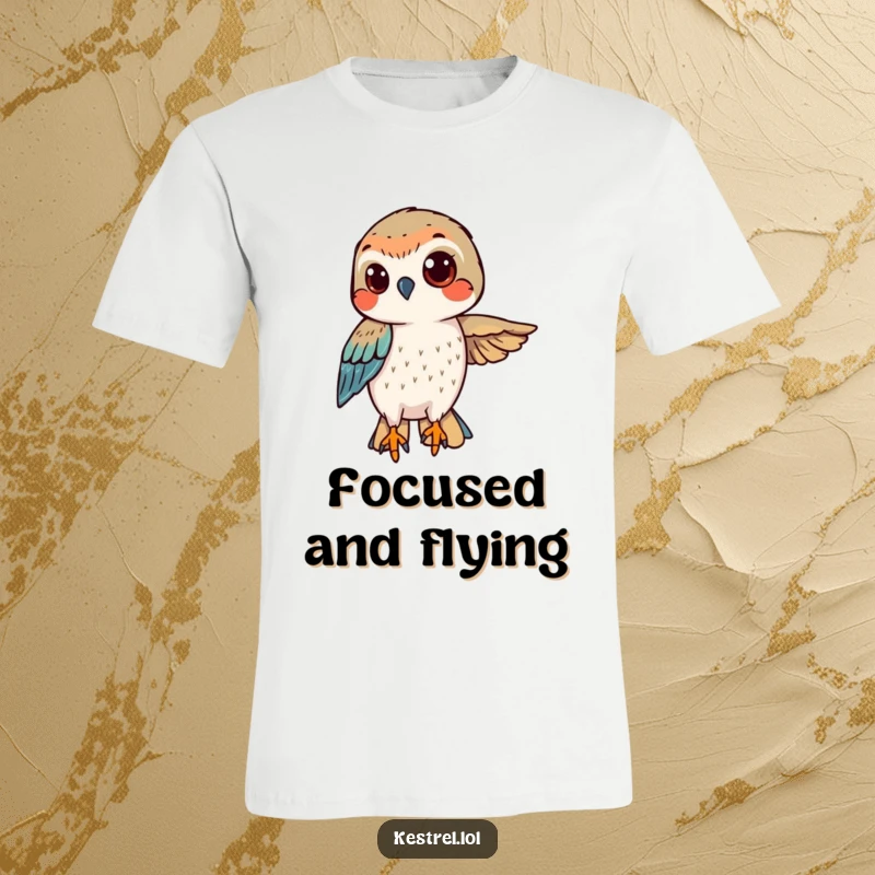 Funny kestrel t-shirt featuring a determined bird hovering with a confident gaze, fixed on its goal.