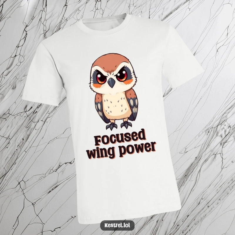 Funny T-shirt featuring a kestrel character looking intently with sharp, focused eyes, ideal for bird lovers with a keen sense of humor.