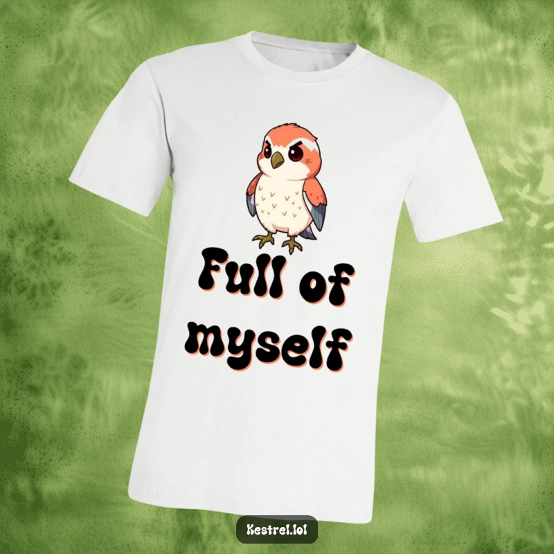 Funny proud kestrel t-shirt showing a kestrel character with its chest puffed out, embodying determination and pride.
