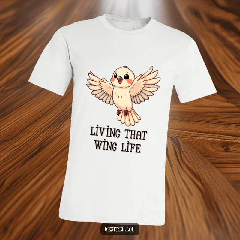 Funny happy kestrel t-shirt depicts a bird vigorously flapping its wings during flight, symbolizing freedom.
