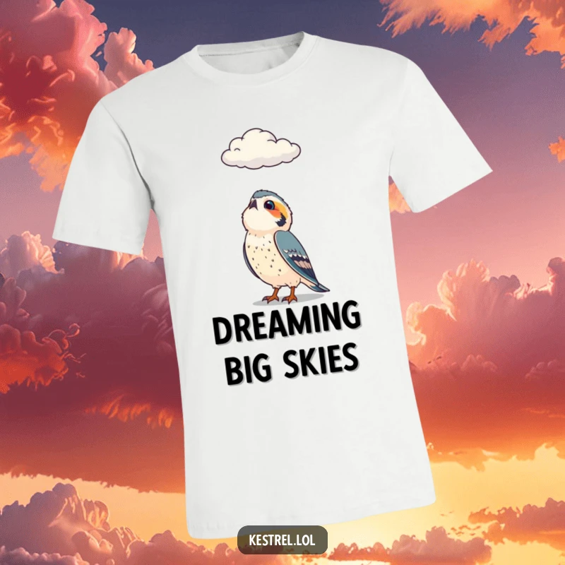 Funny t-shirt featuring a curious kestrel character looking intently upwards at a cloud drifting by in the sky.